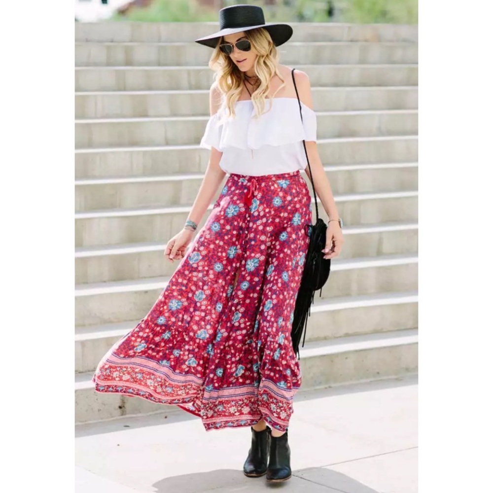 Red Floral Gypsy Bohemian Button Up Long Skirt - Picture 11 of 14
